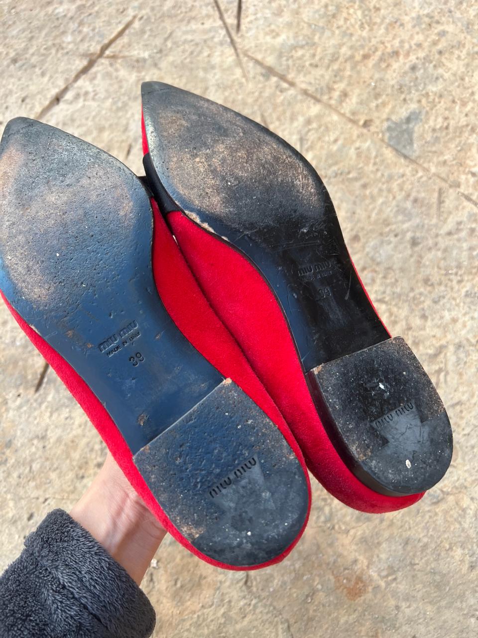 Miu Miu suede red pointy bow flats