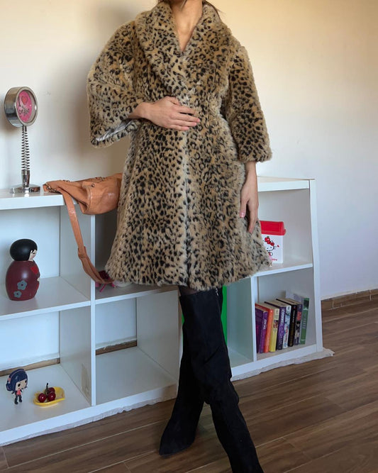 Leopard faux fur mid sleeves coat