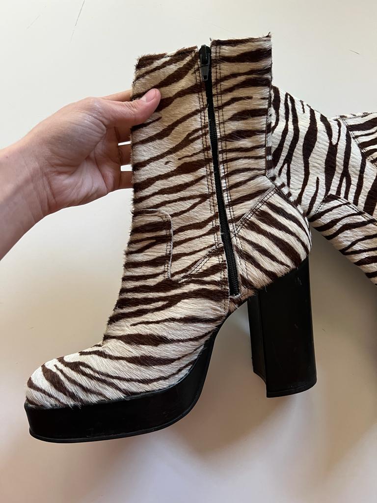 Zebra print fur chunky heeled ankle boots