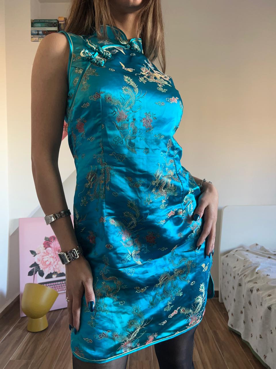 Dragon cheongsam blue mini dress