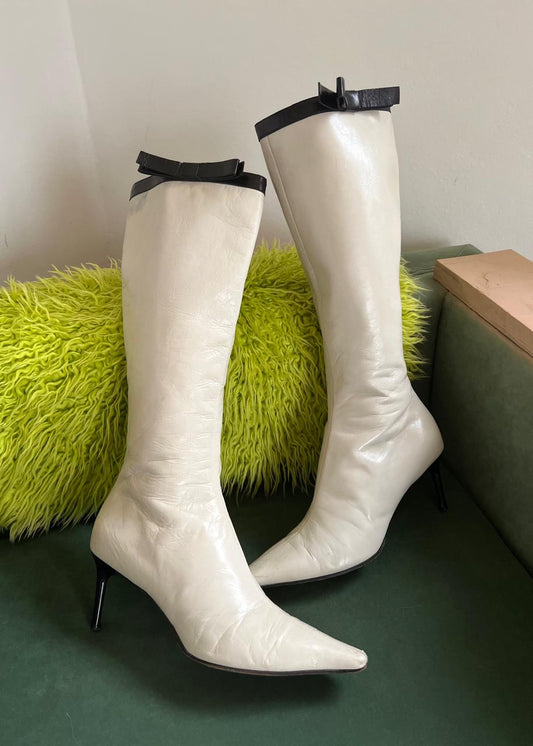 Miu Miu white lamb leather pointy knee high black bow boots