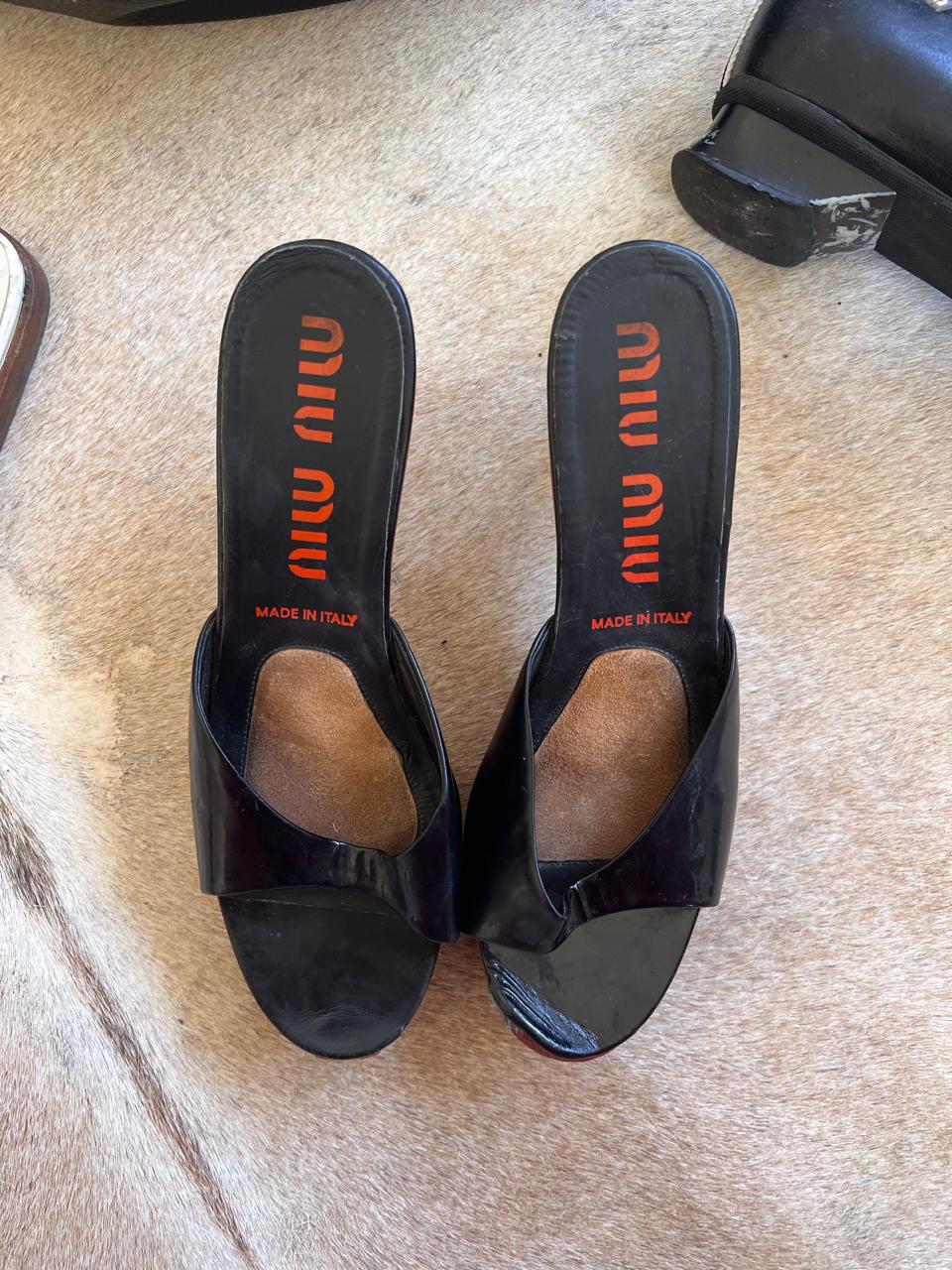 Miu Miu black patent leather wooden heels