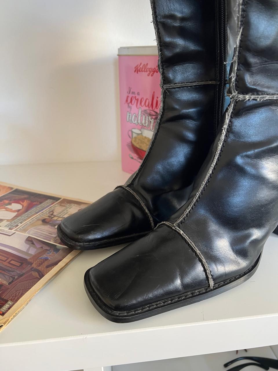 Black square toe heeled boots