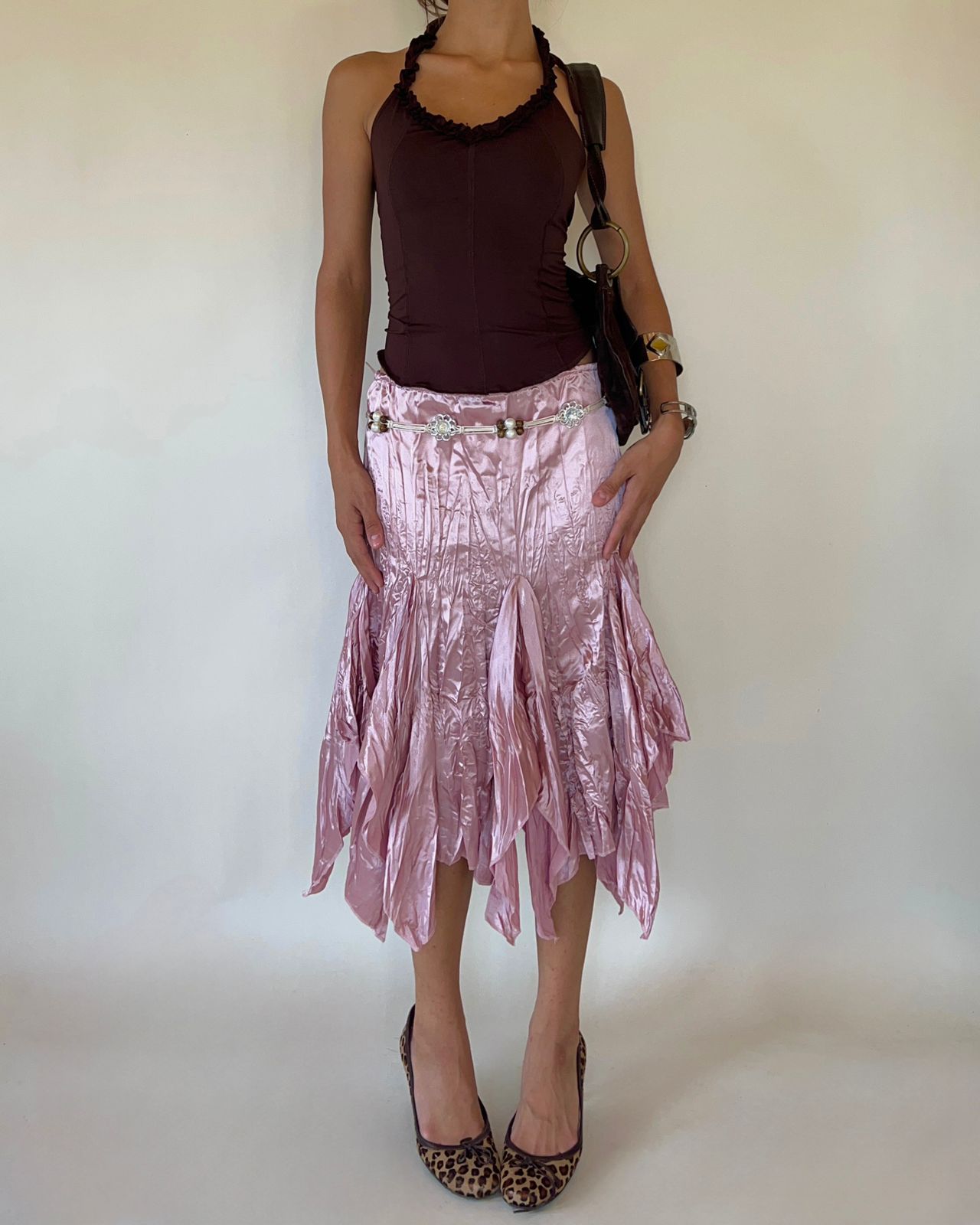 Pink satin unsymmetric midi skirt