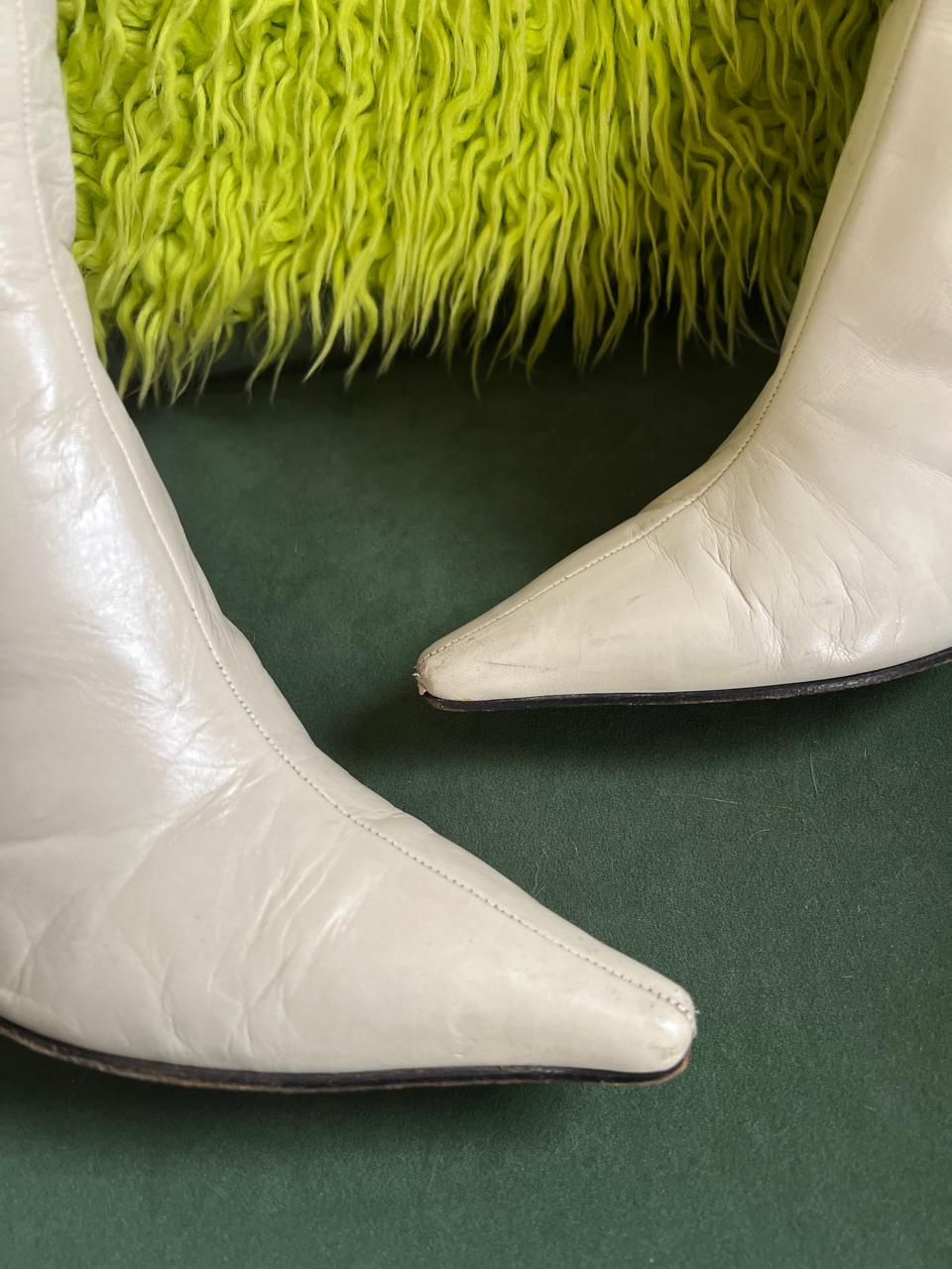 Miu Miu white lamb leather pointy knee high black bow boots