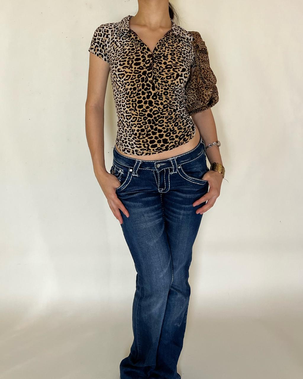 Tiger print half button up y2k top