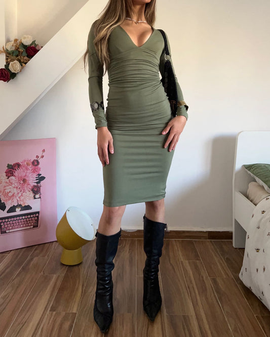 Olive green fitted midi dress